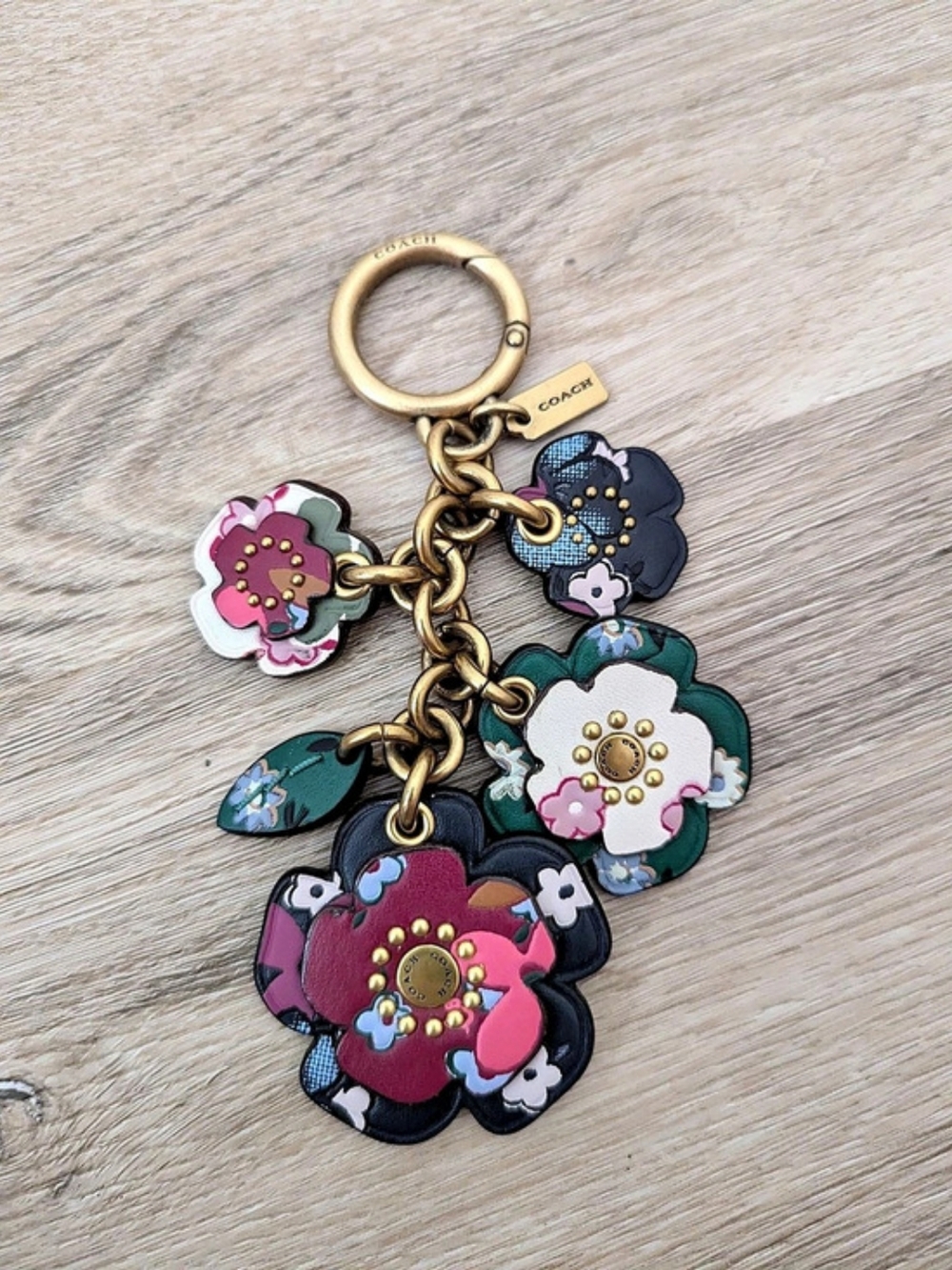 Coach Tea Rose Multicolor Leather Floral Bag Charm Keychain Brass Hardware EUC